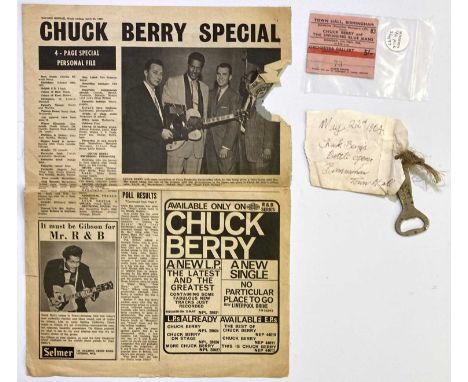 A ticket stub for Chuck Berry with Swinging Blue Jeans on Monday 11th May 1964, a Record Mirror newspaper April 1964, a bottl