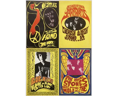 Four examples from the circa 1960s Swedish printed 'Konst' set of posters. Seen here: Yardbirds, Beatles, Rolling Stones, Bob