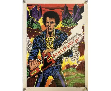 A 1979 print published by 'Communications Vectors' depicting Sid Vicious with chainsaw. Measures 30 X 41.5cm. Pin holes. VF c