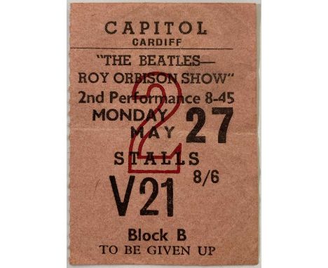 An original ticket stub for The Beatles performance with Roy Orbison at the Capitol Theatre Cardiff on 27th May 1963. Measure