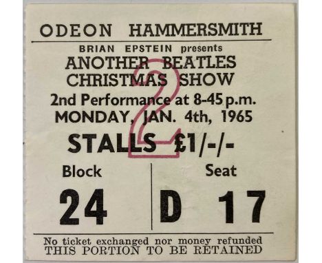 An original concert ticket stub for The Beatles Christmas Show at the Hammersmith Odeon on Jan 4th 1965. Measures approx 6.5 