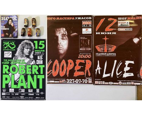 Assorted memorabilia items: a two part Alice Cooper c early 2000s Russian tour poster (each part 23 x 35"), a Russian Robert 