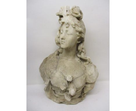 C Gillia - 19th century white marble bust of a woman with a bow in her hair and roses on the front of her dress, signed, 23"h