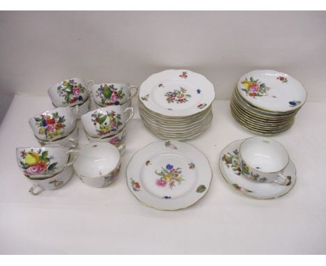 A set of twelve Herend porcelain tea cups, 3 1/2" dia, saucers and plates, 6 1/2" dia decorated with fruit, vegetables and nu