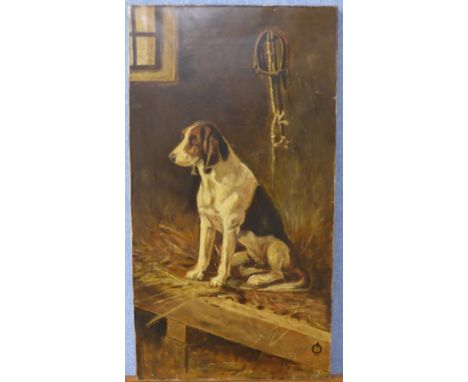 R. Lewis, portrait of spaniel in a barn, oil on canvas, unframed