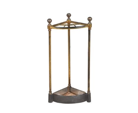 A BRASS AND IRON CORNER STICK STAND  LATE 19TH OR EARLY 20TH CENTURY  Of tubular construction, with removable drip-tray 62cm 