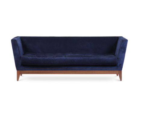 DAVID LINLEY, SALON SOFA, A WALNUT AND BLUE UPHOLSTERED SOFA  EARLY 21ST CENTURY The back and incorporated arms above a remov