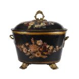 A PAINTED TINWARE COAL BUCKET AND COVER