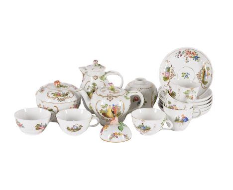 A MEISSEN (PUNKT) PART TEA SERVICE  CIRCA 1770 Variously painted with Watteauesques, comprising teapot and cover, sugar box a