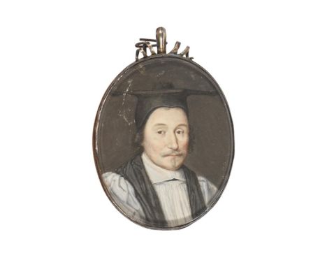 BRITISH SCHOOL (17TH CENTURY) PORTRAIT MINIATURE BELIEVED TO BE OF WILLIAM LAUD, ARCHBISHOP OF CANTERBURY Oil on card 8cm (3 