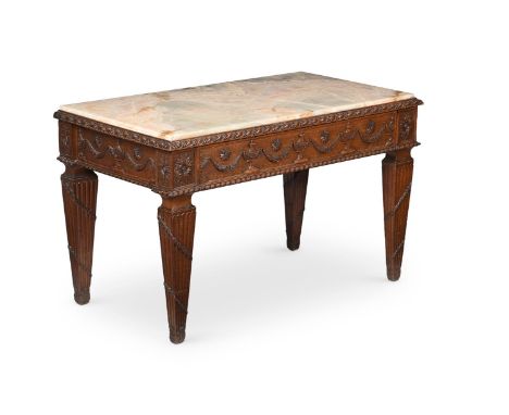 A CARVED OAK AND ONYX MOUNTED CONSOLE TABLE POSSIBLY NORTHERN FRANCE, THE BASE LATE 18TH CENTURY 84cm high, 140cm wide, 72cm 