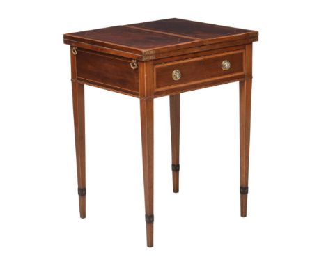 A MAHOGANY AND SATINWOOD INLAID FOLDING CARD TABLE  19TH CENTURY The top with twin folding leaves enclosing the playing surfa