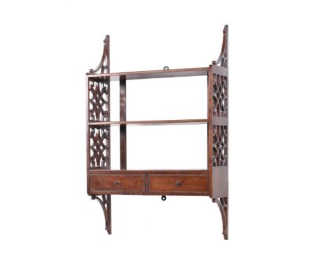A SMALL FLIGHT OF GEORGE III MAHOGANY WALL SHELVES  LATE 18TH CENTURY  72cm high, 46cm wide  Condition Report:  Overall with 
