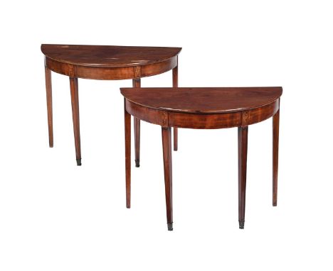 A PAIR OF MAHOGANY AND INLAID DEMI-LUNE SIDE TABLES  POSSIBLY SCOTTISH, LATE 18TH CENTURY AND LATER  each 71cm high, 91cm wid