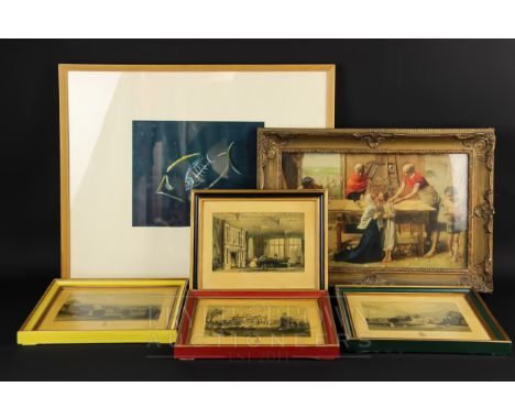 Phillipe - fish, oil painting; together with four Allom reproduction 'prints on board'; and a textured print (6)