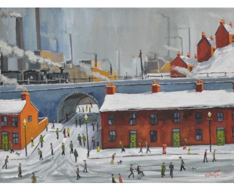 P.J Norman (British contemporary) Schminke acrylic on canvas 'The Coal Train' an L.S Lowry influenced industrial cityscape, s