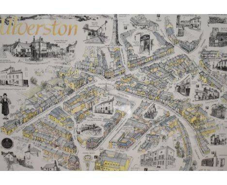 Local interest* A pictorial map of Ulverston, monochrome with some lightly coloured areas, printed by Reminder press for The 