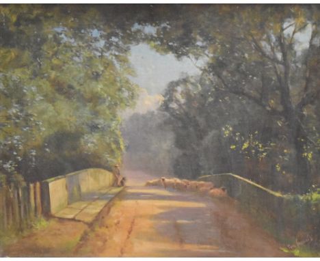 Thomas J Yarwood (British 1871-1946) early 20th century English school oil on canvas, droving sheep across a bridge, signed l