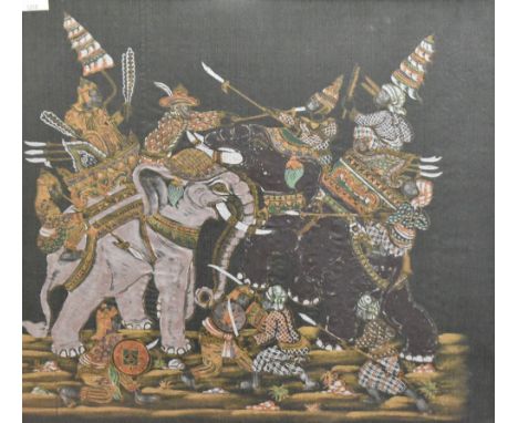 Three attractive Thai silk polychrome screen prints, traditional warriors with chariots and elephants, framed and glazed 47cm
