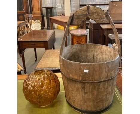 Coopered oak milk maid's bucket with fixed arch handle together with a moulded glass oil lamp shade.  (2)  (B.P. 21% + VAT) 