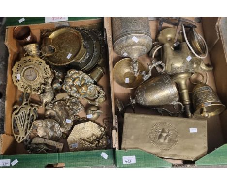 Two boxes of assorted mainly brass ware to include: two handled cup, lion mask door knocker and other animals, bell, trivet s