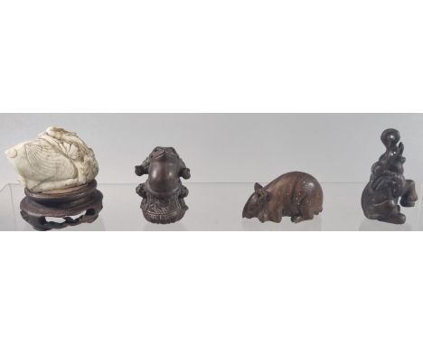 Mixed lot of Japanese items to include: three carved wood netsukes of a rat, elephant and a toad, together with a white hards