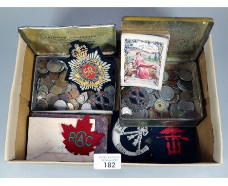 Box of oddments, military related to include: two tins of coins, Common Prayer Book dated 1794, Royal Corp of Transport patch