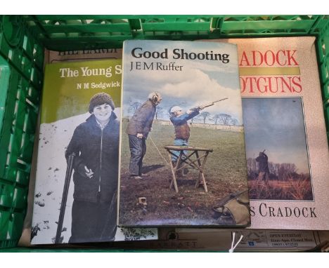 Box of shooting books to include: 'The Young Shot', by N M Sedgwick, 'Good Shooting' by JEM Ruffer,  Shotgun books etc.  (B.P