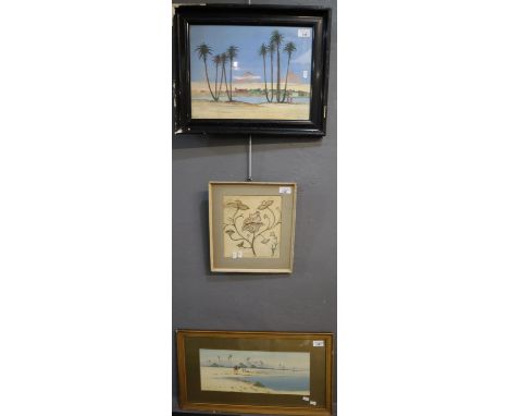 Two watercolour studies of Arab desert scenes, one signed H Linton, and a small watercolour sketch in 17th century style bear
