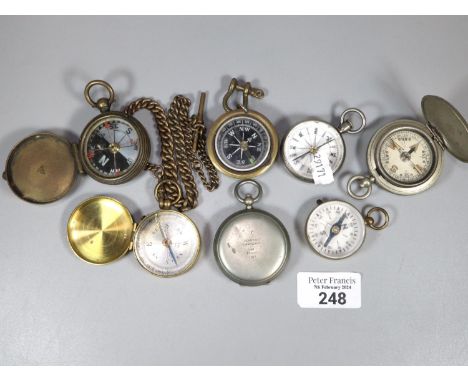 Plastic tub of vintage pocket compasses to include: E. Barker &amp; Son, one marked Western Germany, military marked Dennison