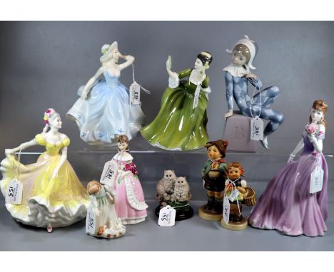Collection of bone china and other figurines to include: Ladies of Fashion, royal Doulton, Hummel, Lladro etc.  (10)   (B.P. 