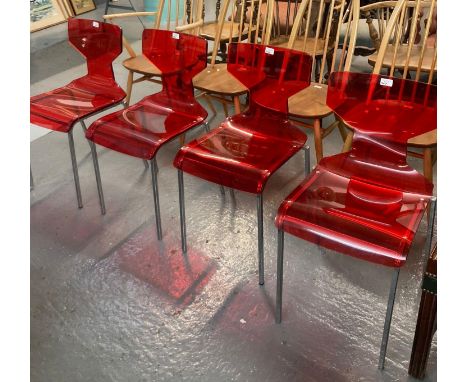 Set of four red perspex and chrome designer side chairs with impressed trade mark initials 'M B'.  (4)  (B.P. 21% + VAT) 