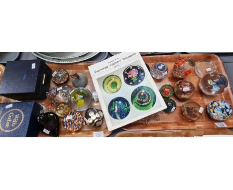 Two trays of glass paperweights, varying designs, two cased to include: Webb Corbett and Caithness Vertigo with a bulletin of