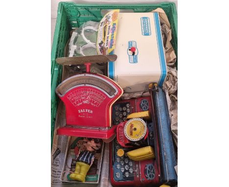 Collection of vintage toys to include: Hoovermatic washing machine and dryer by Chad Valley, 1950s tinplate typewriter, 'the 