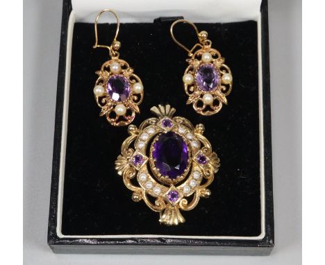 9ct gold Victorian design seed pearl and amethyst brooch, together with a pair of matching 9ct gold earrings.&nbsp; 14g appro