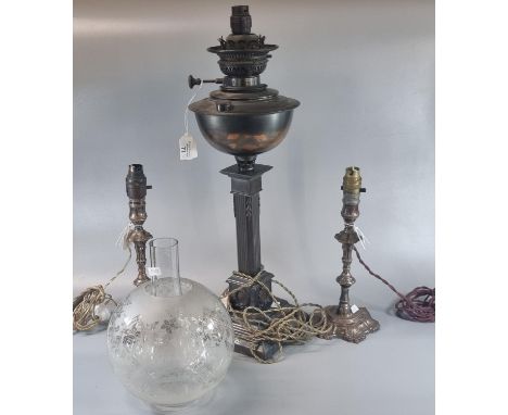 Early 20th century oil burner lamp, now converted to electricity, having globular frosted and etched glass shade together wit