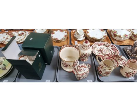 Three trays of Masons Ironstone 'Mandalay Red' design items to include: pouch shaped dresser jugs, planter, vases including s
