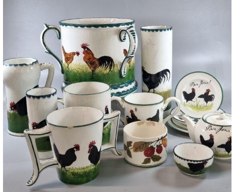 Collection of 19th century Wemyss pottery items, mainly depicting cockerels to include: large tyg, two handled mug, straight 