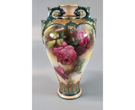 Royal Worcester and James Hadley porcelain hand painted two handled baluster vase depicting roses and foliage, by M Blake.  2