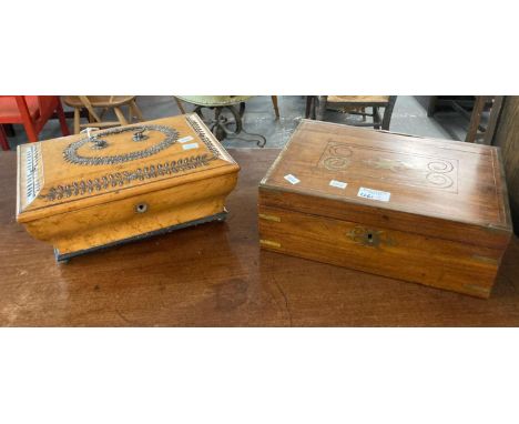 19th century continental birch sarcophagus shaped caddy, originally having had musical movement and with steel relief decorat