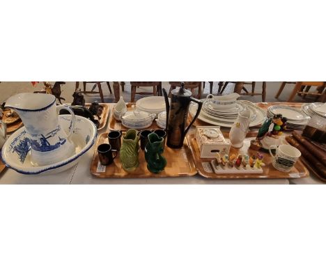 Two trays of assorted ceramics to include: 'Masons Mandalay Red' mantle clock, Royal Doulton bone china figurine 'The Old Bal