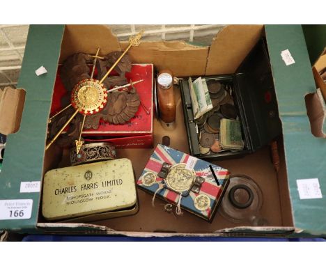 Box of oddments to include: tin moneybox comprising various coinage and bank notes and an Oxo Cubes vintage box with coinage,