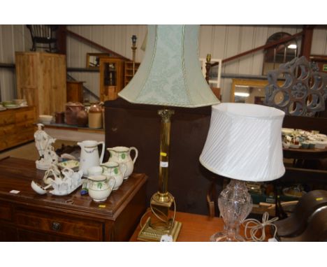 A large brass Corinthian column table lamp and shade 