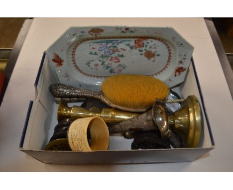 A box containing silver hand brush; a 20th Century brass candlestick; a white metal parasol handle; a Chinese decorated porce