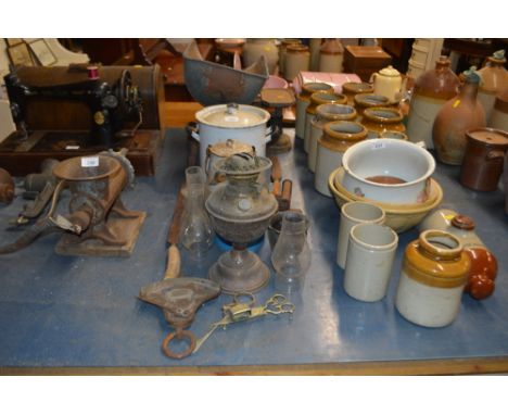 A set of scales and weights; together with an enamel flour bin, an oil lamp base, a set of Salter balance scales, a pair of c
