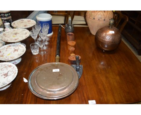 A Victorian copper warming pan; two flat irons;small wooden trinket boxes etc. 