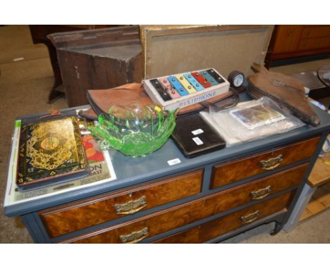 A green glass bowl; together with a pair of bellows; a Bakelite thermometer; a black and white photograph album etc. 