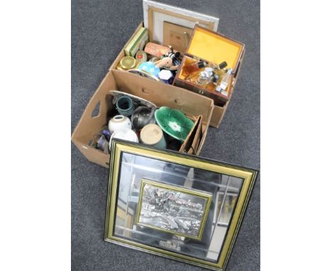 Two boxes of miscellaneous china, pictures, trinket box of perfumes including Chanel etc
