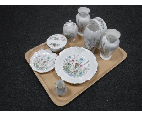 A tray of nine pieces of Aynsley Wild Tudor china including a mantel clock 