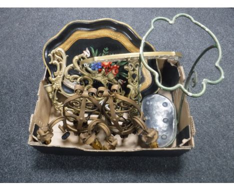 A box of hand painted tray, metal stick stand, wall sconces and lights 